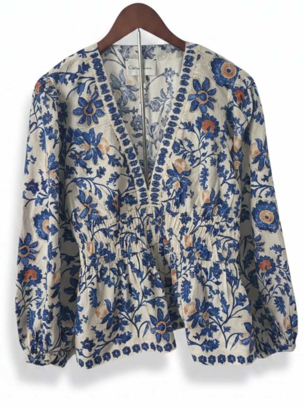 Cara Cara Floral Blouse – V‑Neck Puff Sleeve – Large